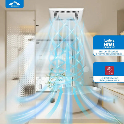 Ultra Quiet Bathroom Exhaust Fan 70 CFM 2.0 Sone With LED Light 4000K in modern bathroom ceiling showing air circulation.