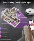 Robot Vacuum And Mop Combo With Bagless Self Emptying Station 18000Pa Suction LiDAR Mapping A Real Workhorse For Pet Hair On Carpet And Hard Floors Connects With App Alexa And Voice Control shown with smart home mapping on smartphone.