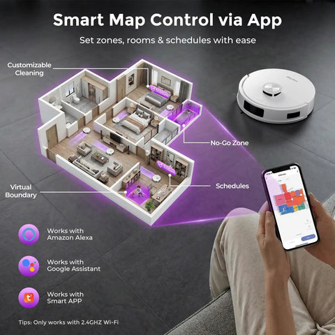 Robot Vacuum And Mop Combo With Bagless Self Emptying Station 18000Pa Suction LiDAR Mapping A Real Workhorse For Pet Hair On Carpet And Hard Floors Connects With App Alexa And Voice Control shown with smart home mapping on smartphone.