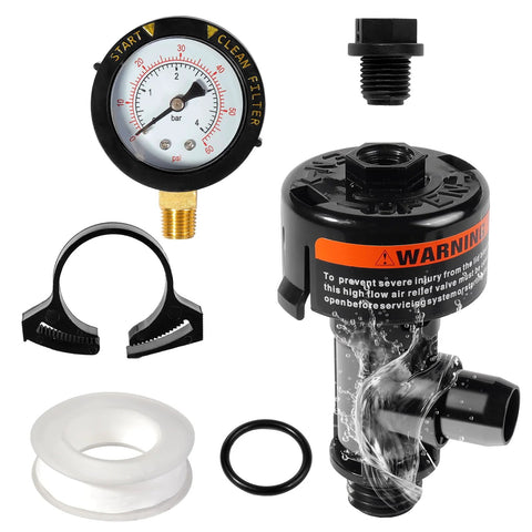 Front view of black manual air-relief valve with pool filter pressure gauge; includes clamp, O-rings, and fittings.