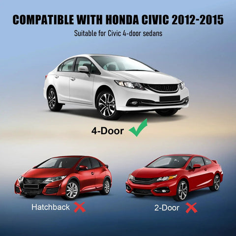 Image showing compatibility of 2012-2015 Honda Civic 4-door sedans for window weather stripping, excluding hatchback and 2-door models.