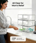 Compact Clear Stackable Storage Drawers Four Pack Super Sleek Plastic Organizer Bins For Narrow Bathroom Counters Under Sink Vanities And Kitchen Shelves Clean Up Like A Pro Fast in use at kitchen counter.
