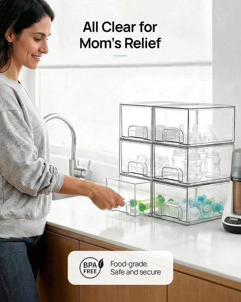 Compact Clear Stackable Storage Drawers Four Pack Super Sleek Plastic Organizer Bins For Narrow Bathroom Counters Under Sink Vanities And Kitchen Shelves Clean Up Like A Pro Fast in use at kitchen counter.