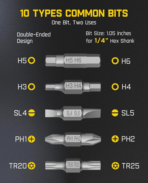 10 types of common double-ended bits for Capsule Cordless Screwdriver All In One Kit With High Torque, Ultra Compact 150mm Design