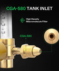 VIVOSUN Argon/CO2 regulator with brass body and gauge, side view, CGA-580 tank inlet