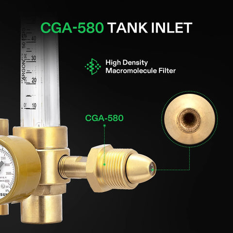 VIVOSUN Argon/CO2 regulator with brass body and gauge, side view, CGA-580 tank inlet