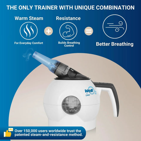 Breathing Trainer With Warm Steam And Adjustable Resistance For Daily Comfort featuring a white unit and blue steam nozzle