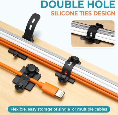 Cable Management Kit With 15 Adhesive Cable Holders 15 Zip Ties 15 Screws 8 Silicone Cord Ties And 8 Adjustable Straps shown on desk