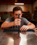 Person using Heavy Duty Sheet Metal Hemming Tool For Roofing Panels And HVAC Ducts 15.25 Inch Pro Grade Metal Bender in workshop.