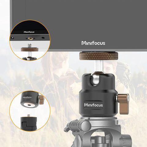 Ultra Compact Metal Ball Head With One Quarter Inch Thread, 360 Degree Swivel And 125 Degree Tilt mounted under LED light
