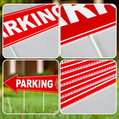 Outdoor Event Parking Signs With Stakes, 8 Pack, 17x6 Inches, double-sided red arrows, corrugated plastic, outdoor use