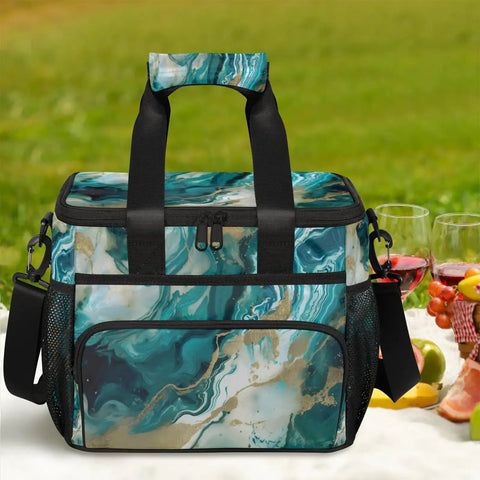 Insulated Picnic Backpack Lunch Bag For Women And Men, Large 12 x 8.7 x 10 inch, blue marble design, on picnic blanket with snacks