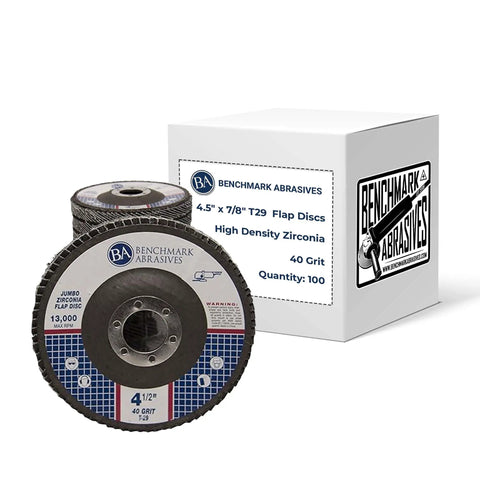 Premium Zirconia Type 29 Flap Disc 4.5 Inch by Seven Eighths Inch for Angle Grinder 40 Grit Metal Grinding and Finishing Wheel Pack of 100 Ideal for Deburring Blending Rust Removal Edge Chamfering Stock Removal and Smooth Finishes