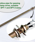 All Thread Lamp Pipe Hardware Set For DIY Lamp Repair With Yellow Zinc Coat showing hollow pipe and washers for wiring