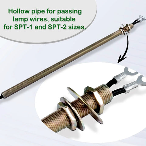All Thread Lamp Pipe Hardware Set For DIY Lamp Repair With Yellow Zinc Coat showing hollow pipe and washers for wiring