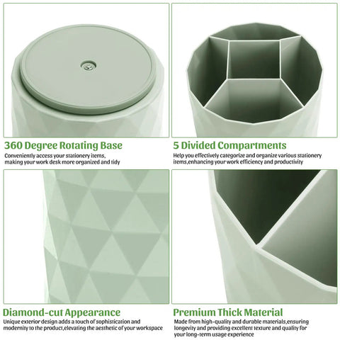 Close-up of the Sparkling Diamond Desk Organizer with 360 Rotating Pen Holder, showcasing five compartments and diamond-cut design in green.