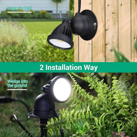 Outdoor LED Spotlight With Dusk To Dawn Sensor, 120V 12W 4000K, 1150 Lumens, mounted on wall and ground installation