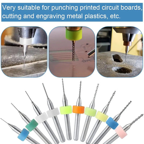 Pro Grade PCB Drill Bits Set 0.3mm To 1.2mm, 40 Pcs Tungsten Carbide Spiral Flute Micro Bits shown drilling metal and circuit boards