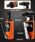 Pneumatic Air Die Grinder Set With Straight And Angled Heads 20K To 25K Rpm Free Spin showing trigger, exhaust, and air inlet features.
