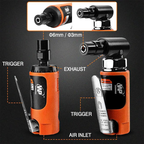 Pneumatic Air Die Grinder Set With Straight And Angled Heads 20K To 25K Rpm Free Spin showing trigger, exhaust, and air inlet features.
