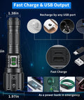 Ultra Bright Rechargeable Flashlight With 1.42 Million Lumens Six Modes IP67 Waterproof Tactical Emergency Light for fast charging with USB ports and dimensions shown.