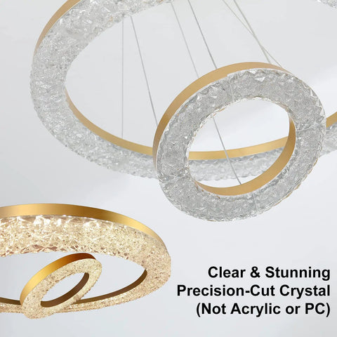 Lit 2 Ring Gold Crystal Chandelier With LED Integrated Dimmable 3000K Warm White Ceiling Lights detail of crystal rings