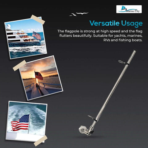 Rail Mount Flag Pole Base Set With 12 By 18 Inch American Flag, 304 Stainless Steel, corrosion resistant, for yachts and RVs
