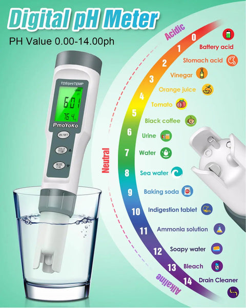 Three In One Digital Water Tester That Reads pH TDS And Temperature With Ultra Precise 0.01 pH Readings 0 To 14 pH Range displayed in cup