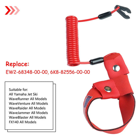 2 Pack Must Have Kill Switch Lanyard For Boat And Jet Ski Replacement Wrist Strap Emergency Kill Stop Cord Tether EW2-68348-00-00 Fits Marine Outboard Ignition Red With Flag shown with a red coiled cord and wrist strap.