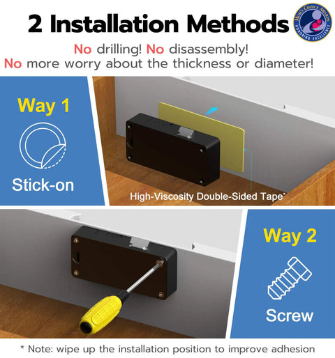 No Drill Hidden Adhesive Cabinet Lock For Baby Proofing Drawers And Cabinets With 5 Ways To Unlock App Apple Watch RFID NFC And Alexa Keyless Smart Lock Black installation methods