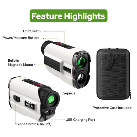 Golf Rangefinder With Slope Switch And Flag Pole Locking Vibration 800 Yard Range 6x Magnification with features and case