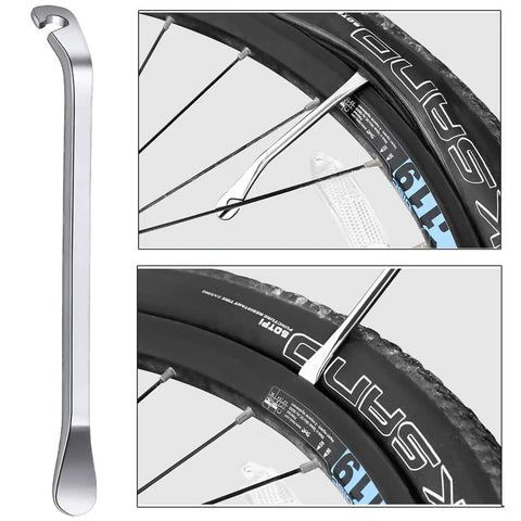 Portable Bicycle Spoke Wrench Set 7 Piece Kit With 8 Way Rim Truing Tool Spoke Keys Rubber Handles Tire Lever Y Type Hex Wrenches And Y Type Socket Wrench For Quick On The Go Bike Wheel Repairs showcasing a metal tire lever and its use on bike tires.