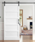36 By 84 Inch White Sliding Barn Door Slab With Six Point Six Foot Hardware Kit Included Five Panel MDF Wood Door With Waterproof Scratchproof PVC Surface Easy DIY Assembly installed in living room.