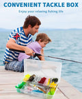 Father and son fishing with Ultimate 380 Pcs Fishing Lures Kit For Bass, Trout, And Salmon shown in the tackle box