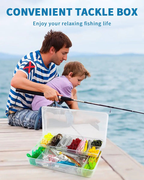 Father and son fishing with Ultimate 380 Pcs Fishing Lures Kit For Bass, Trout, And Salmon shown in the tackle box