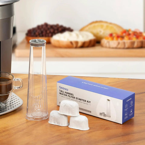 Tall Handle Water Filter Replacement Starter Kit For Keurig 2.0 With Three Charcoal Filter Cartridges on kitchen counter