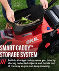 Top Shelf 40V Brushless Self Propelled Lawn Mower With 20 Inch Cutting Deck And Smart Caddy Storage holding collected debris.