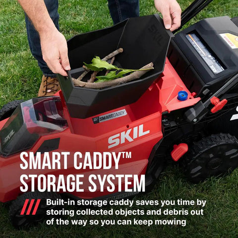 Top Shelf 40V Brushless Self Propelled Lawn Mower With 20 Inch Cutting Deck And Smart Caddy Storage holding collected debris.