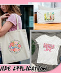 Woman with tote bag and pillow featuring Mama Iron On Transfers For Christian Moms Floral Bow Pack designs, DIY crafts display