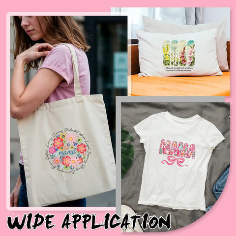 Woman with tote bag and pillow featuring Mama Iron On Transfers For Christian Moms Floral Bow Pack designs, DIY crafts display