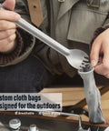 Person using Ultra Lightweight Titanium Long Handle Spork And Spoon Set For Outdoor Camping And Backpacking with quick-dry bag