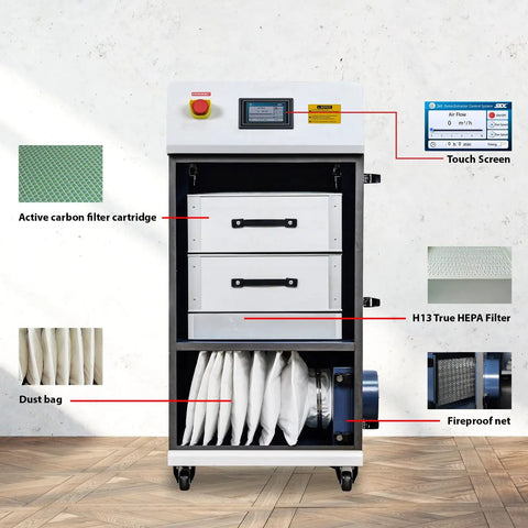 Kickass 800W Industrial Solder Fume Extractor With Premium HEPA Filtration And 8 Layer Dust Bag showing active carbon filter and touch screen.