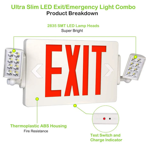 Red Exit Sign LED Emergency Light Kit 120-277V Universal Voltage Double Face With Two Adjustable Heads And Backup Battery 2 Pack