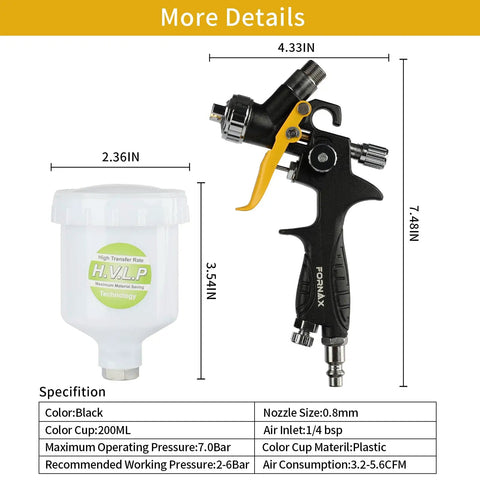 Hvlp Mini Spray Gun With 0.8 Mm Nozzle And 125Cc Gravity Feed Cup, Lightweight air paint sprayer with black body and 200ML cup.
