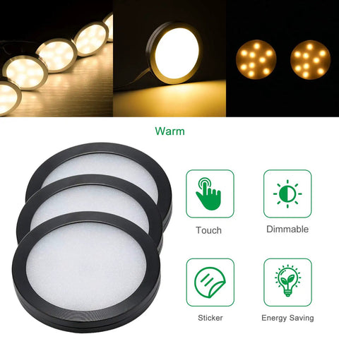 LED Under Cabinet Puck Lights Kit With Touch Dimming, 6 Low Profile Warm White LEDs for Kitchen and Closet, easy install