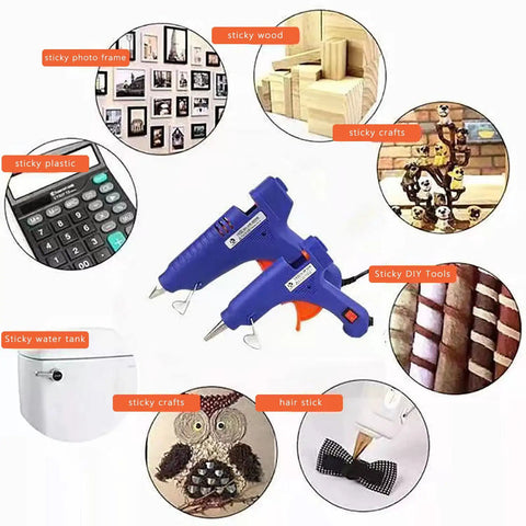 Mini Hot Glue Gun Kit 20W with 10 7mm Glue Sticks Anti Drip Spout shown with DIY projects and arts crafts examples