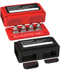 Built Tough 300A Waterproof Power Distribution Block With Four 5/16 M8 Terminal Studs in red and black for marine RV solar use.