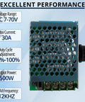 Heavy Duty Pwm Dc Motor Speed Controller Handles Seven To Seventy Volts And Thirty Amps With Adjustable Knobs For Smooth Throttle Control and no sweat DIY setup, showing specs and design.