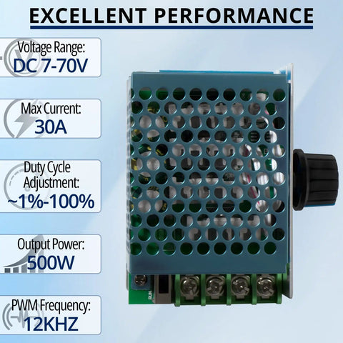 Heavy Duty Pwm Dc Motor Speed Controller Handles Seven To Seventy Volts And Thirty Amps With Adjustable Knobs For Smooth Throttle Control and no sweat DIY setup, showing specs and design.