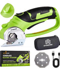 Heavy Duty Cordless Electric Scissors With 4V Rechargeable Battery, blade, storage bag, and charging cable displayed.